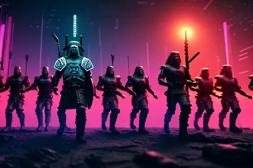 Prompt: Sci-fi viking shield wall. Battle line scene. Synthwave style. Cyberpunk Norse soldier marching to fight.