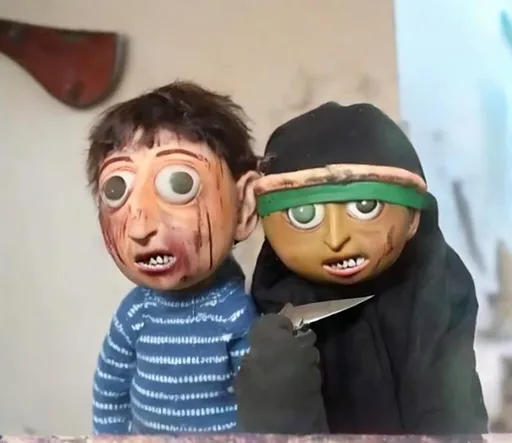 Prompt: Two characters, with white eye balls, scary look, two knife in their hands 