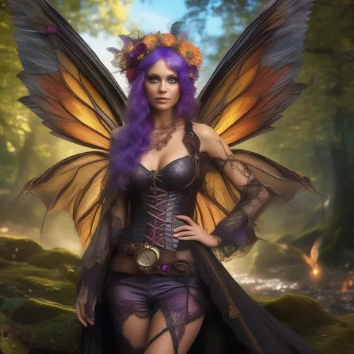 Prompt: Epic. Cinematic. Shes a (colorful), Steam Punk, gothic, witch. spectacular, Winged fairy, with a skimpy, (colorful), (gossamer), flowing outfit, standing in a forest by a village. ((Wide angle)). Detailed Illustration. 8k.  Full body in shot. Hyper real painting. Photo real. An (extremely beautiful), shapely, woman with, ((Anatomically real hands)), and (vivid), colorful, (bright eyes). A (pristine) Halloween night. (Concept style art). Rays of light. Lens flares. Celestial. 