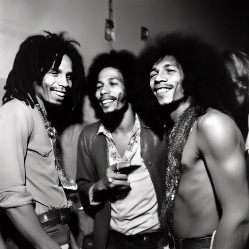 Prompt: bob marley, jimi hendrix and Jim Morrison in a 70's backstage party. realistic photography 