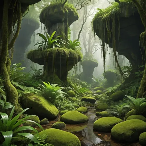 Prompt: A magic jungle landscape with high stip rocks with lianes and moss