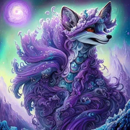 Prompt: masterpiece:1.5, detailed oil painting, insanely detailed, Best Quality:1.5) insanely beautiful wise vixen fox, ageless, ice elemental, lavender pelt, (veiled in auroras), psychedelic colors, (calm hypnotic eyes gleaming amethyst-violet), calm regal smile, stands majestically on a celestial mountain, gorgeous frosted silver mane, insanely detailed fur, insanely detailed eyes, insanely detailed face, slender, (magic violet highlights in fur), crackling lightning, ice storm, (lightning halo), tilted halo, lightning charged atmosphere, enchanting moonlight beaming through clouds, 64K