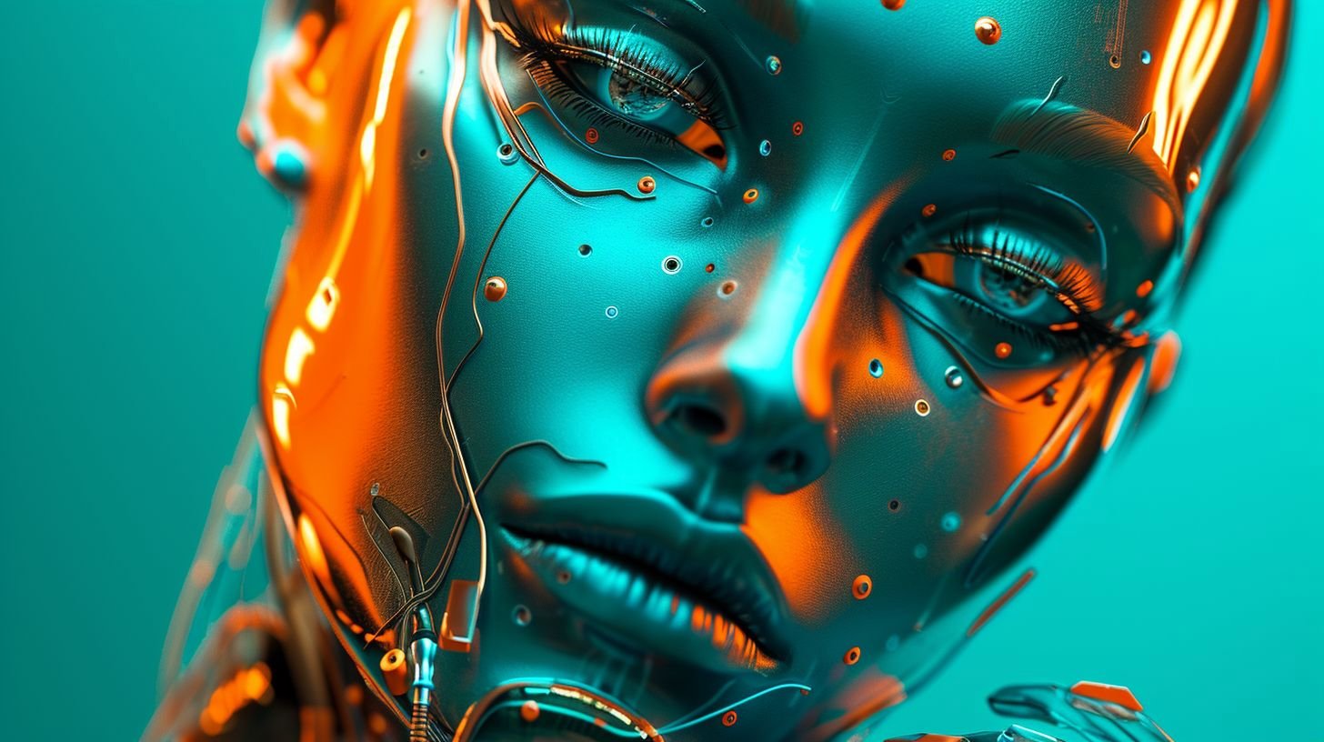 Prompt: 3d photo effects for photoshop/film/video with image, in the style of bold, pop art inspired ing, light turquoise and dark orange, cristina mcallister, robotic motifs, close up, object portraiture specialist, technocore