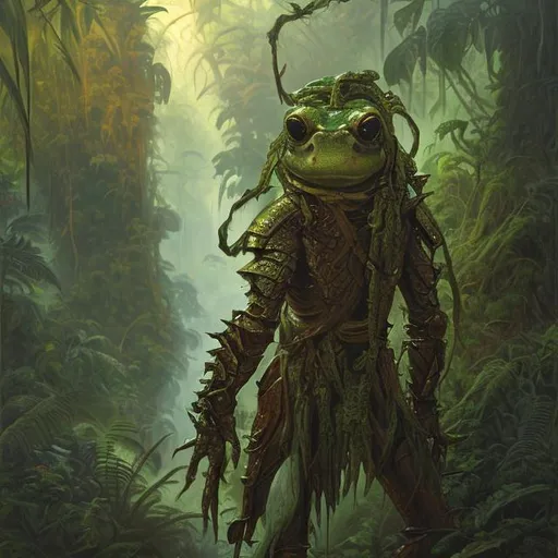 Prompt: Portrait painting, frog-like humanoid warrior with leather armor, in the jungle, dull colors, danger, fantasy art, by Hiro Isono, by Luigi Spano, by John Stephens