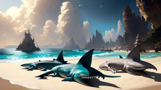 Prompt: Sharks Lounging on a beach, Epic cinematic brilliant stunning intricate meticulously detailed dramatic atmospheric maximalist digital matte painting head and shoulders portrait, 8k resolution concept art portrait by Greg Rutkowski, Artgerm, WLOP, Alphonse Mucha dynamic lighting hyperdetailed intricately detailed Splash art trending on Artstation triadic colors Unreal Engine 5 volumetric lighting