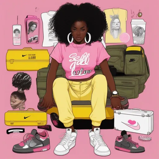 Prompt: Dark skin girl, pink gloss, big black curly fro with two twists in the front, yellow tee with the words self-love, army cargo pants, yellow n white nike dunks, white coffin nails.