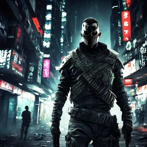 Prompt: Original villain. Future military armour Black and neon. Slow exposure. Detailed. Male masked. Blade in hand. Dirty. Dark and gritty. Post-apocalyptic Neo Tokyo. Futuristic. Shadows. Sinister. Evil