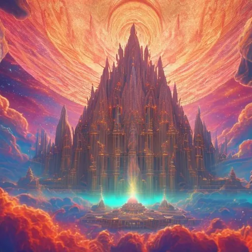 Prompt: A breath taking view of The temple of the spirit realm floating in the sunny sky surrounded by pink and gold cosmic space dust fantasy 100k realistic beautiful dream colourful 