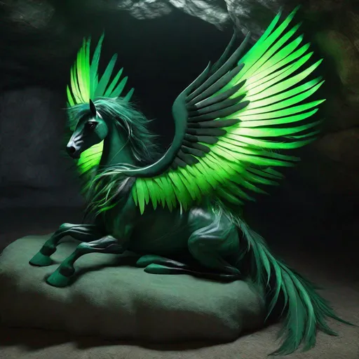 Prompt:  twisted pegasus animatronic hybrid, with focused emerald eyes. They identify as a Male. Emerald colored feathery wings and tail. dark Green ombre mane and tail. UHD, HD, 4K, green haze, green and black coat, lying down in a cave, asleep, resting, hyperrealistic, anime style
