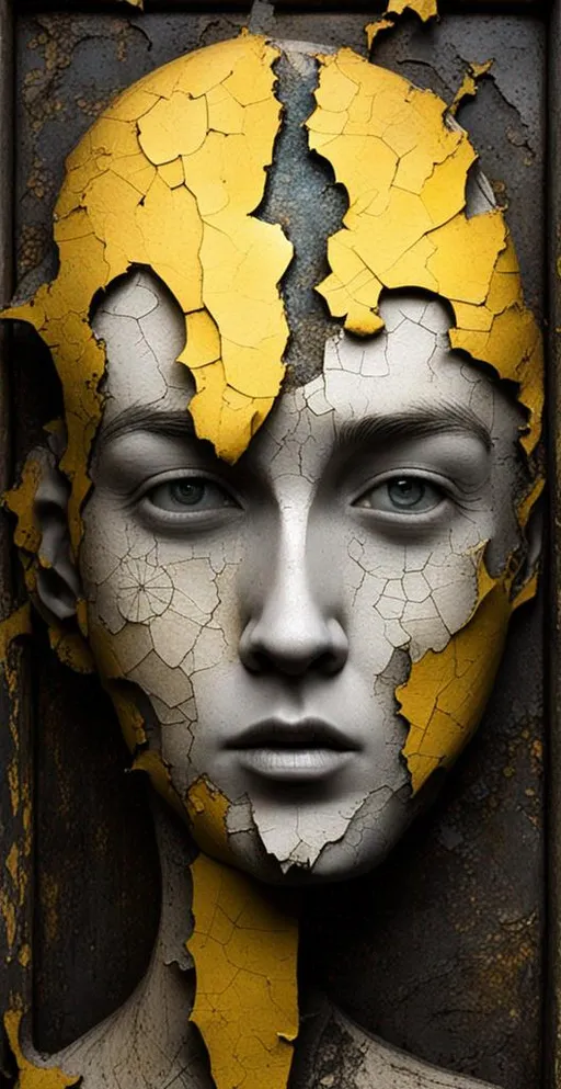 Prompt: runepunk with a painted face on an old wall, in the style of hyper-realistic sculptures, fragmented figures, distressed materials, black and yellow cracked, flickr, rococo-inspired art gotham 