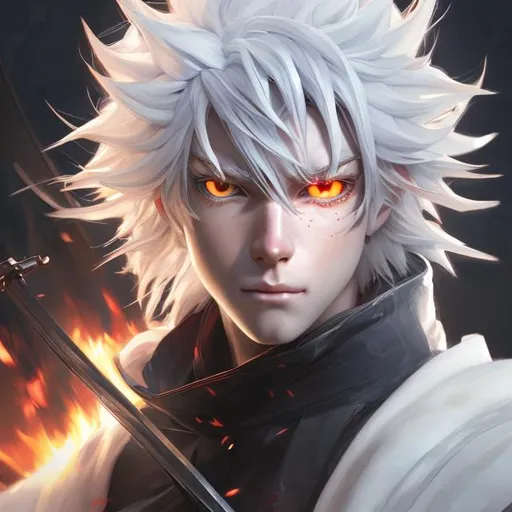 Prompt: Closeup face portrait of a male anime character, white hair, holding a katana that is on fire, smooth soft skin, big dreamy red neon eyes, beautiful intricate white colored hair, symmetrical, anime wide red eyes, soft lighting, detailed face, by makoto shinkai, stanley artgerm lau, wlop, rossdraws, concept art, digital painting, looking into camera
