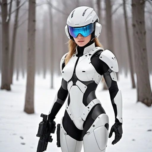 Prompt: a female soldier of future, wearing a sleek and technologically advanced bodysuit of nano armor. The armor is wintertime camouflage with high heeled boots. The helmet is particularly striking, and it covers the soldier from head to toe. with its visor-like alien eyes and integrated weapon system. The soldier is standing in a snow-covered area holding futuristic combat rifle. full-body view head to toe