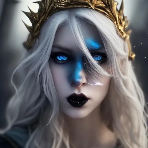 Prompt: Dark fantasy, white hair, ocidental face, queen golden crown, lovely blue eyes, perfect skin, Elden ring style, look to the camera, golden shining armor, yellow eyes, goth makeup, cinematic videogame, focus on eyes, clean face, dinamic light, ruddy cheeks, dark souls style, long hair