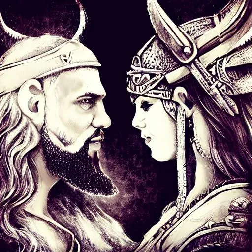 Portrait of Tyr, the norse god of war with a warrior