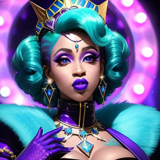 Prompt: Cardi B with ultradetailed large shiny blue lips, Blinding Heart Earrings, Blue Xtra Large Metal Ball Gown, Rainbow Sugar Gloves with Purple Fur, Glowing Blue eyes, Artisans Cut Gleaming Ice Cream Tiara. Pristine Green hair, confident facial expression, Full eyebrows with blue tint, Crocodile necklace, Wintry Aura, Black Armor Plated Shoulders, Cake Covered gold wand, Sharp Nails, Auroras in eye of hurricane. Blue Moon. High resolution, Realistic, Cold color scheme, high radiance.