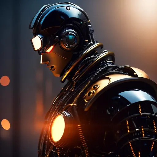 Prompt: Please produce a photograph of a steampunk robotic handsome black male android, with fantasy colors, flashy lights, in a dark background, high quality, trending art, trending on artstation, sharp focus, studio photo, intricate details, highly detailed, UHD, HDR, 8K, ((Masterpiece))