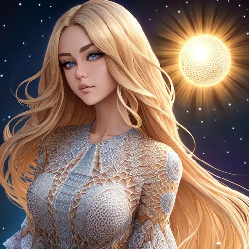 Prompt: full color newton fractal in hyperbolic sine function in voronoi background, Beatiful Miley Cyru with long blonde julia sets fractal balayage hair, holding the sun, highly-detailed, elegant, dramatic lighting, gorgeous face, lifelike, photorealistic full body, full color fibonacci spiral in dark julia sets fractal in voronoi Lace Blouse, full color lorenz fractal in voronoi Shorts.
