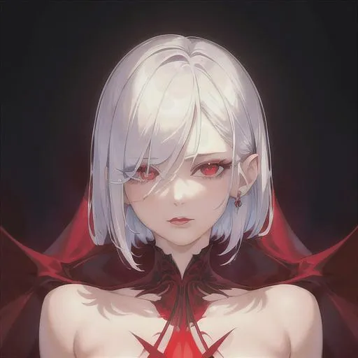 Prompt: (masterpiece, illustration, best quality:1.2), short trimmed white hair, devilish eyes, wearing thin red nightgown, best quality face, best quality, best quality skin, best quality eyes, best quality lips, ultra-detailed eyes, ultra-detailed hair, ultra-detailed, illustration, colorful, soft glow, 1 girl