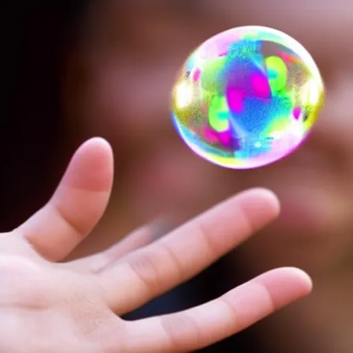 Prompt: A bubble of air over a little girl's hand