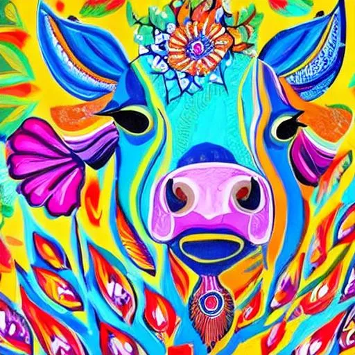 Prompt: A bright, vibrant, dynamic, spirited, vivid painting of a dairy cow in a peacock pattern. 