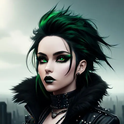 Prompt: medium lenght black hair with green highlights, black goth makeup, punk clothing, no bra, punk style, standing on top of a spaceship, wild hair, shadow vibrant, black sky, atmosphere, ethereal, digital painting, artstation, smooth, concept art, ethereal, royal vibe, highly detailed, detailed and intricate background, digital painting, Trending on artstation, Big Eyes, artgerm, highest quality stylized character concept masterpiece, award winning digital 3d oil painting art, hyper-realistic, intricate, 64k, UHD, HDR, image of a gorgeous, beautiful, dirty, highly detailed face, hyper-realistic facial features, perfect anatomy in perfect composition of professional, long shot, sharp focus photography, cinematic 3d volumetric