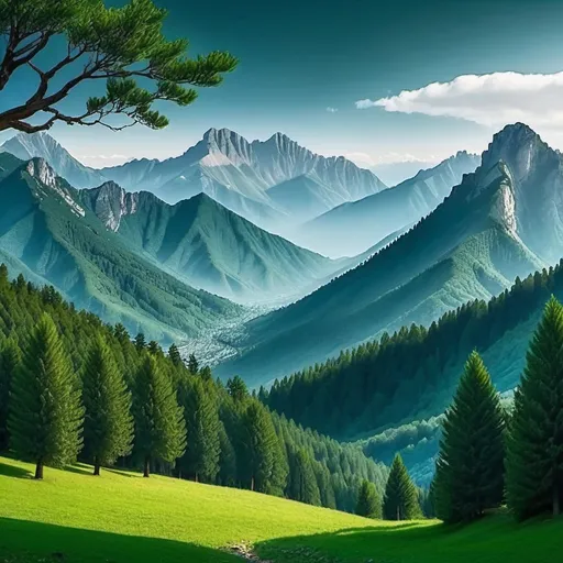 Prompt: magnificent mountains view with trees 