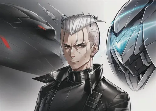 Prompt: JAXER KAZE ; slicked back White hair , comb down backward mohawk ,  male in black tactical teachwear rubber uniform poncho coat, highly detailed, digital , concept art, sharp focus, UHD , with a ultra-futuristic hovering ATV vehicle , in Antarctica 