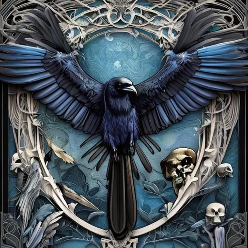 Prompt: in style of  Art Nouveau,
ultra realistic, photo picture with black raven and in background dark blue butterfly's that have picture of skull on their wings, digital art style