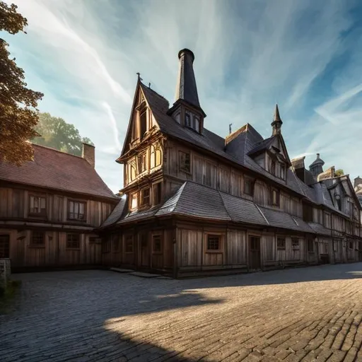 Prompt: Big dark wood big buildings with road in the 1700s wooden carriges nice daylight, nice weather light blue sky high resolution 4k