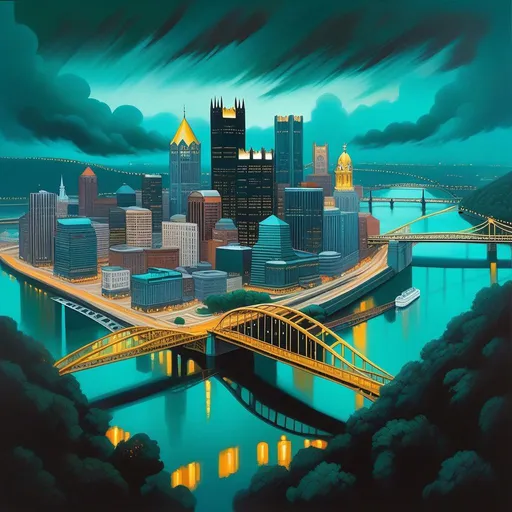 Prompt: Aerial view of Pittsburgh, 2020s, rain, fog, dark teal atmosphere, cartoony style, extremely detailed painting by Greg Rutkowski and by Henry Justice Ford and by Steve Henderson