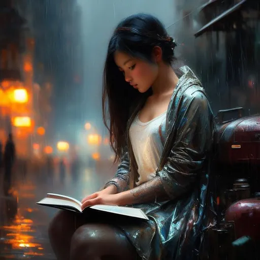 Prompt: rain, girl reading a book, reflections insanely detailed matte painting with rough paint strokes and textures, by Pino Daeni, Jeremy Mann, Carne_Griffiths, 16k resolution, oil on canvas, fine art, super dramatic light, sharp focus, beutiful, emotional