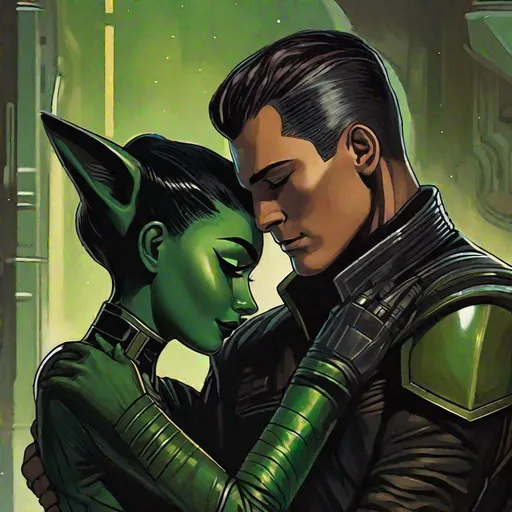 Prompt: An adult man, scifi pilot. with extremely short slicked back brown pompadour undercut hair with trimmed whiskers, futiristic fully dark entirely jet black leather jacket. well drawn face. green feline eyes, he is hugging A green skinned scifi green female woman with green skin. with short black hair. mandalorian uniform. she has green skin. well drawn green face. detailed. green character, green race, detailed. star wars art. 2d art. 2d, completely matte,