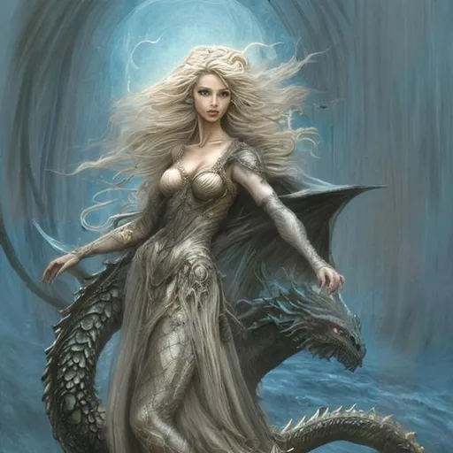 Prompt: Oil painting in the style of Luis Royo,
A dragon, approximately two feet in size, elegantly draped around her shoulders,
Dragon of classic design, evoking the essence of DnD, Dragon Age, or Game of Thrones,
Dragon's eyes, big draconic eyes with elongated pupils shimmering with ancient knowledge,
Exquisite tail, sinuous and graceful, coiling around the wizard's torso,
An attractive female human wizard, with flowing blonde hair,
Wearing standard wizard robes, adorned with intricate symbols and patterns,
Delicate scales adorning its face, reflecting light in a mesmerizing manner,
Powerful maw and sharp teeth, exuding an air of both beauty and danger,
Lower jaw slightly larger than the upper, creating an intriguing asymmetry,
Wings elegantly folded along the dragon's sleek body,
Location nestled in a slightly rocky environment, a place of natural enchantment,
Weathered rocks dotting the landscape, adding texture and character,
Lush foliage intermingling with the rugged terrain, creating a harmonious blend,
Delicate flowers peeking through crevices, painting the scene with vibrant colors,
Soft sunlight filtering through the canopy, casting a warm and ethereal glow,
The wizard's hands in motion, channeling arcane energies with grace,
Her expression a mix of determination and serenity,
The dragon, a loyal companion, emanating a sense of guardianship and devotion,
A captivating fusion of magic and nature captured on canvas,
An oil painting that transports viewers into a realm where fantasy and reality intertwine.