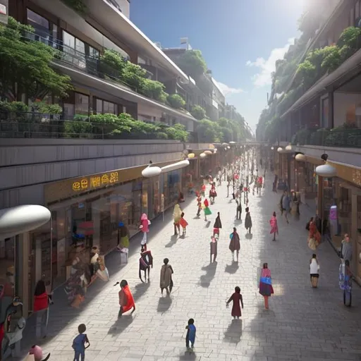 Prompt:  9 meter wide pedestrian streetway with landscape along it and human activities; children playing, humans walking. 
(animated)
