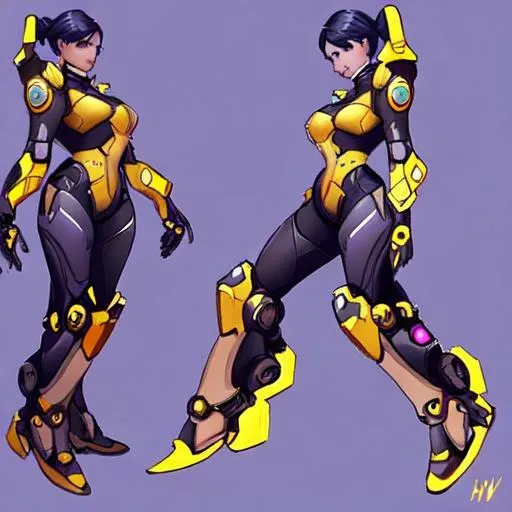Prompt: girl wearing mech suit, concept art in style of Overwatch video game, suit theme centered around honey