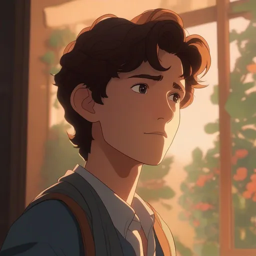 Prompt: ghibli movie character based off of tom holland, consistent lighting and mood throughout