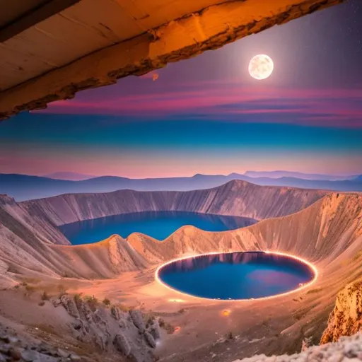 Prompt: on the Moon, moon crater, and hill, and village house, hungary, smaall lake, moon, crater, lake, skyscraper