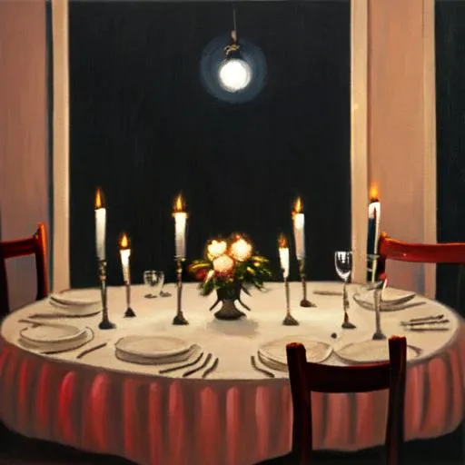 A painting of a table set for a candlelit dinner at... OpenArt