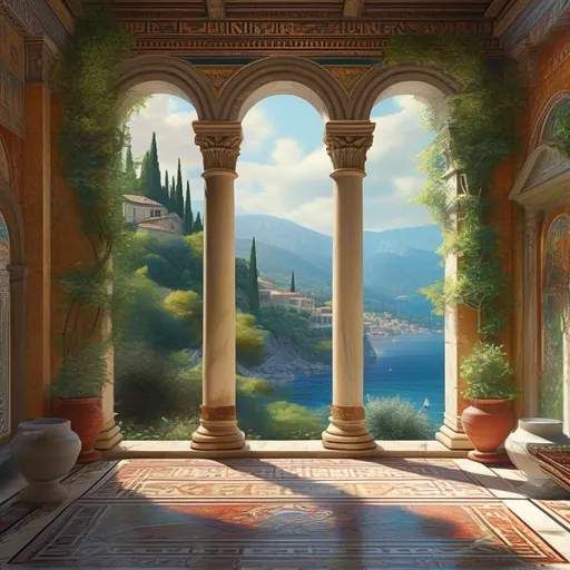 Prompt: (ancient greek house interior), (Greek style paintings) on the walls, atmospheric background with vivid mosaics,  intricate detailing, rich textures,(4K ultra-detailed), evoking a sense of beauty, antiquity, and splendor, serene ambiance, historical elegance, lavish design..





