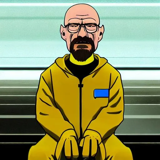 Prompt: walter white in yellow lab suit sitting in a chair in the middle of a dark room 90s anime style