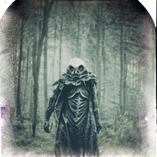 Prompt: eerie humanoid creature roaming a eerie wonderland, grainy polaroid, early technicolour image, photorealistic