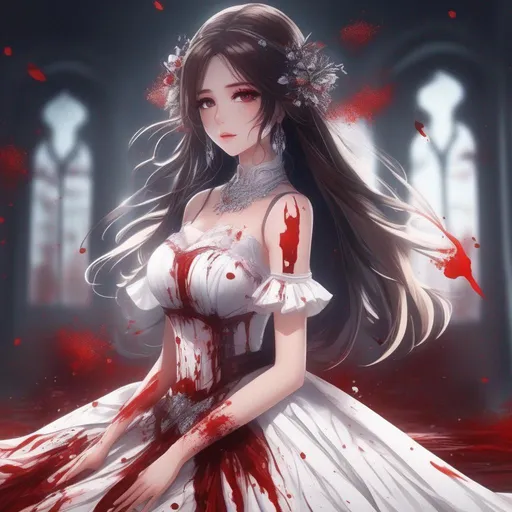Prompt: 3d anime woman covered in blood brunette hair and white dress covered in blood and beautiful pretty art 4k full HD