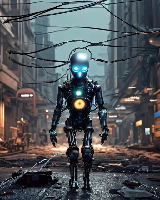 Prompt: A sinister android with glowing eyes and exposed wires stalks down a debris-strewn street. It's metal joints whir and clank with each step. ultra detailed, highly detailed scenario, photorealistic, intricate, masterpiece, UHD, HDR, symmetric, coherent, epic detail, stunning, beautiful, ,lumen render ,lumen path tracing ,path tracing light ,path tracing shadow ,path tracing special fx, 