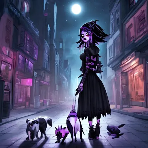 Prompt: goth girl walking in a city late and night with a dog