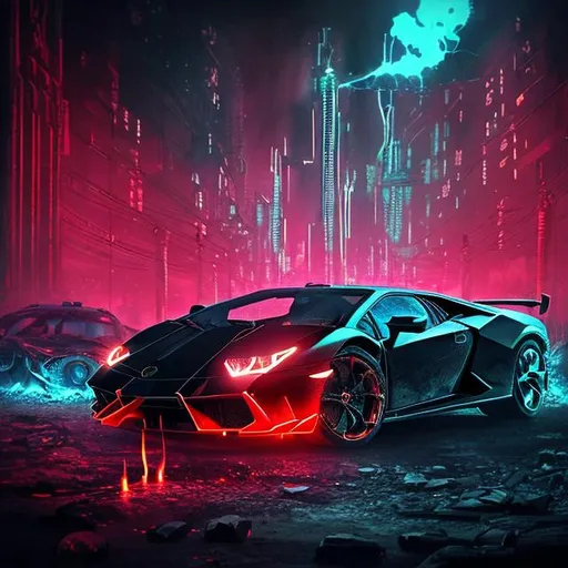 Prompt: 4413, 12k, UHD, A (((( bold Lamborghini car inside black city)))), with torches black as coal
on top of the city’s , the mask of Satan red lightened at the top center of the entrance of hell, seen from the outside, the background is a post-cyber punk city conquered by nature with trees and fire, (((isometric view))), Hell gate by Rodin. There is a computer technician on the top of the car killing zombies with a laser rifle