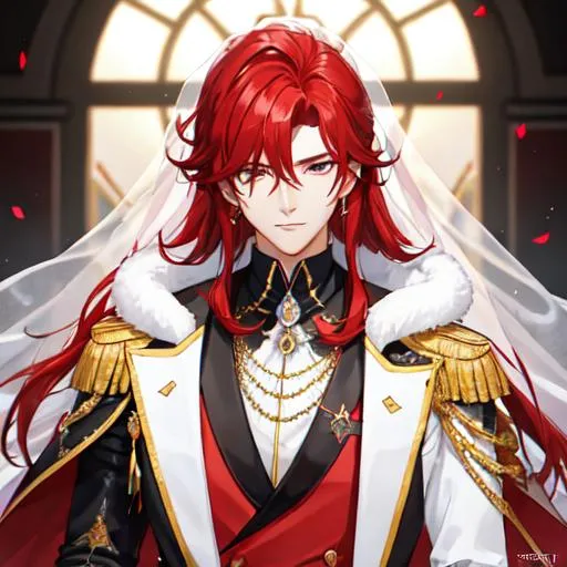 Prompt: Zerif 1male (Red side-swept hair covering his right eye) wearing a royal suit, white shawl, wedding