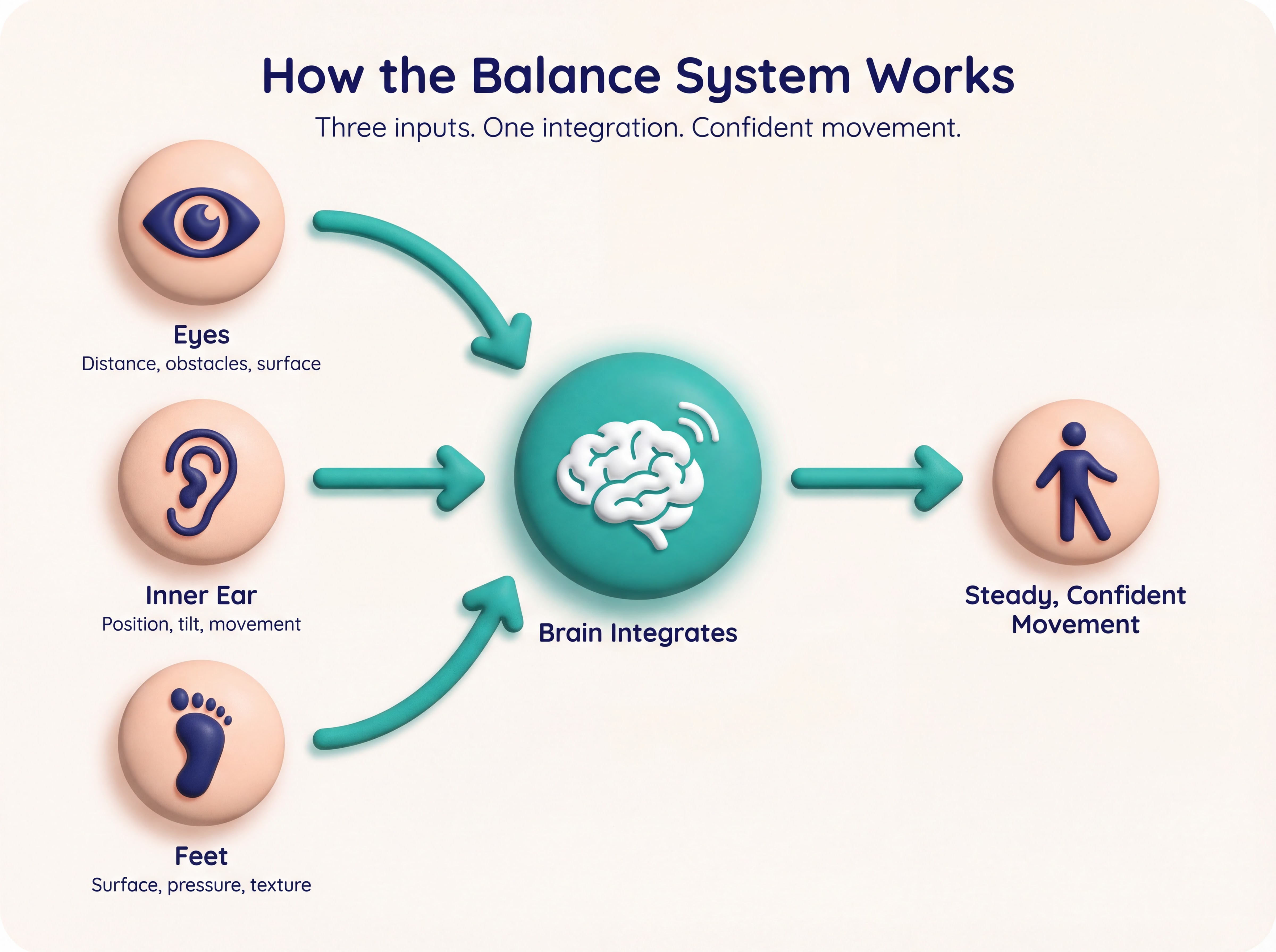 Three Balance Systems — Eyes, Inner Ear, and Feet send signals to the Brain for steady movement