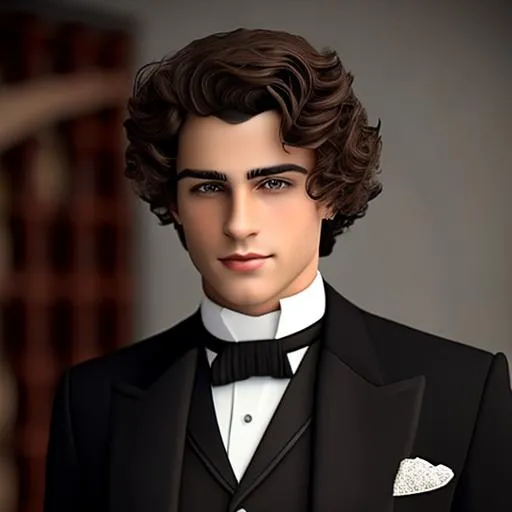 Prompt: very handsome 21 year old man, dark, curly hair, 1st class Titanic passenger, Stylish clothes for 1912, closeup, realistic