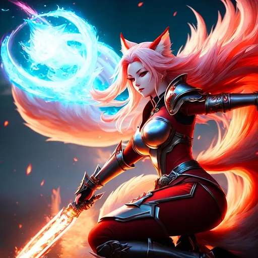 Prompt: splash art of an Kitsune woman with red skin and white hair, metal armor, channeling healing magic, at night, heroic fantasy art, action shot, special effects, hd octane render, wide angle perfect face