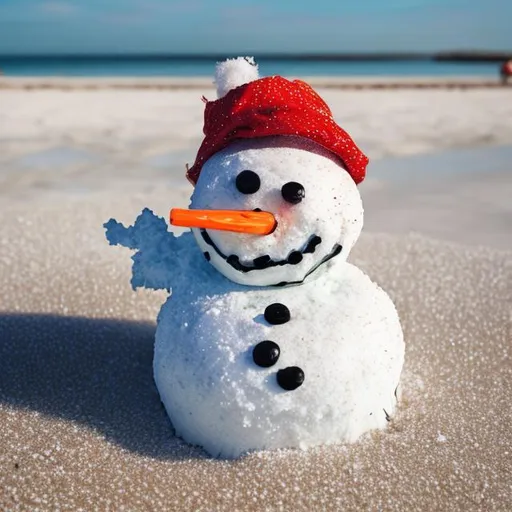 Prompt: melting snowman on a hot beach